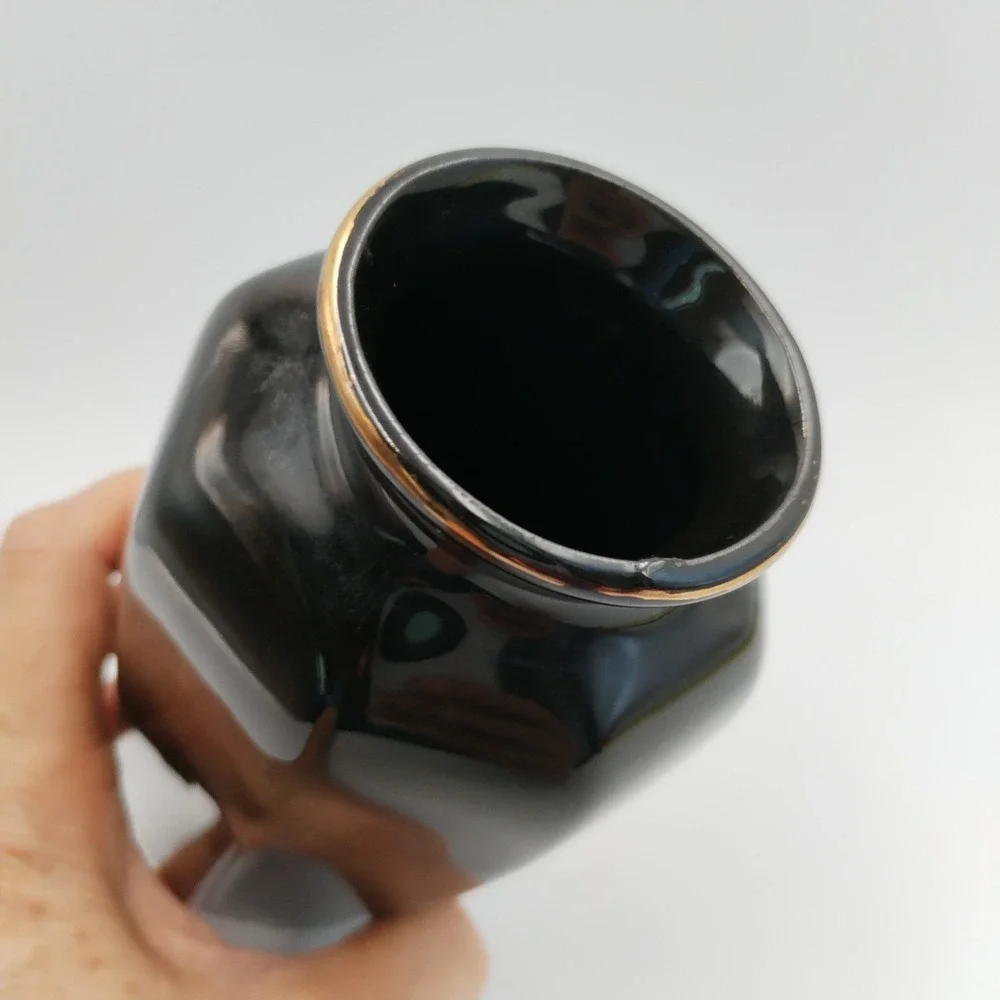 VTG Otagiri Japan Crimson Rose Black Porcelain Vase Octagon Gold‎ Trim 6